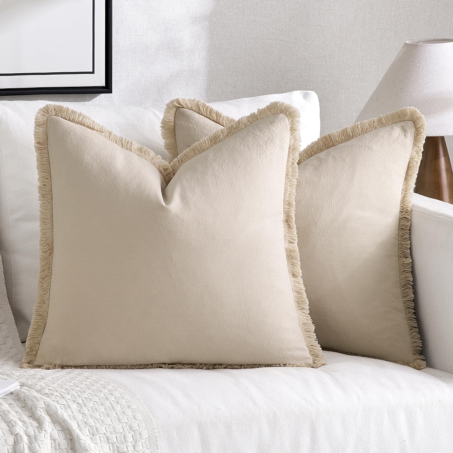 Miulee Pillow Covers Boho Farmhouse 24X24 Set Of 2 Decorative Beige Couch Pillow Covers With Fringe Chic Cotton Throw Pillows Home Decor Accents For Cushion Sof Bed Living Room